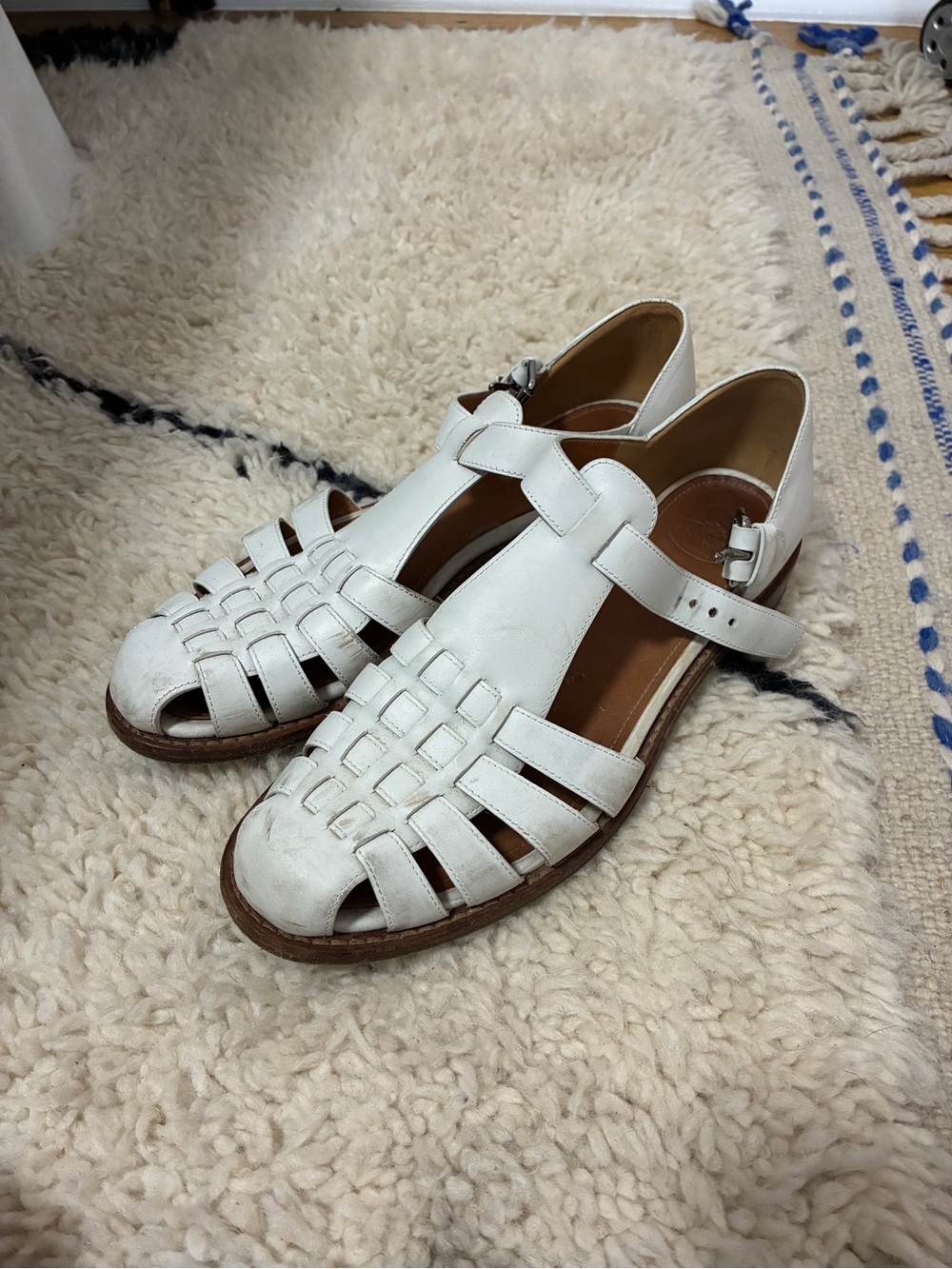 CHURCH’s - Women’s White Leather Woven T-Strap Sandals 38.5